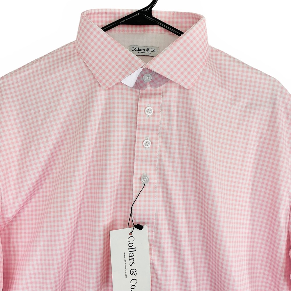 NEW Collars & Co. Men's XLT Pink‎ White Gingham Dress Collar Polo SS Shirt - Picture 3 of 7